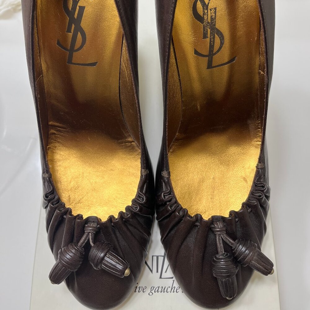 YSL Yves Saint Laurent Vintage Dark Brown Leather 4" Heels Tassel NIB EU 38